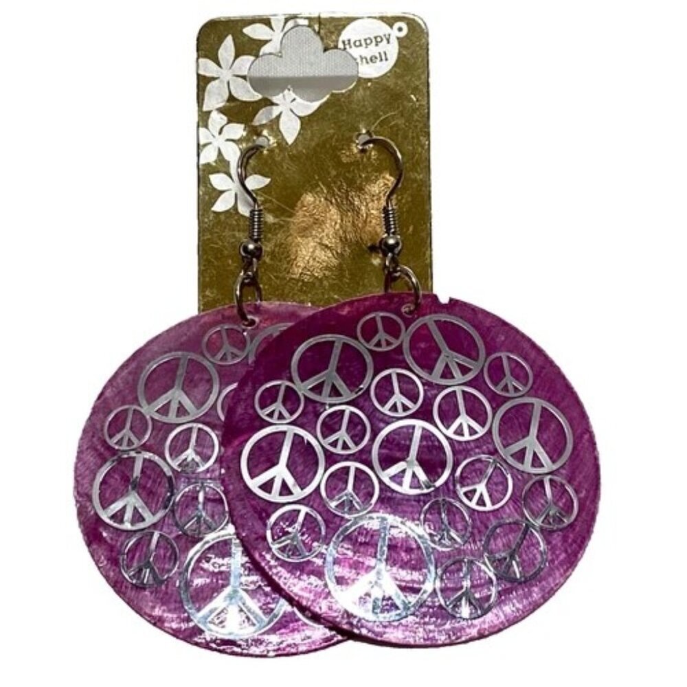 Peace Sign Sea Shell Women's Dangle Earrings Purple Silvertone Beach Cruise